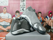 Angled side view of gray and white high-top sneakers showing the padded collar, layered upper, and contrasting midsole.