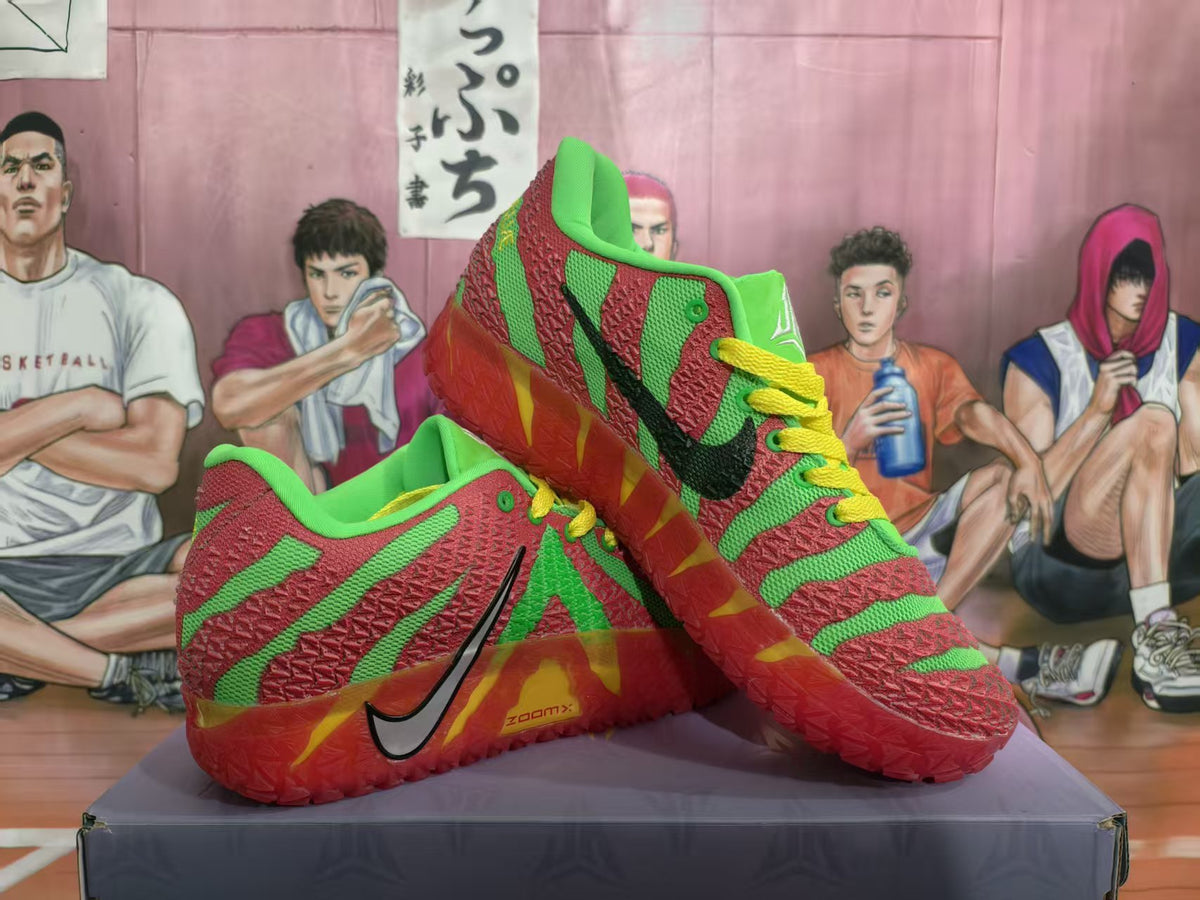 Pair of red and green Nike basketball shoes with yellow laces, shown at an angle