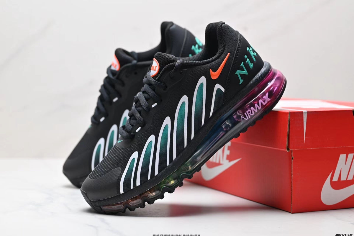 Pair of black Nike Air Max sneakers with white and teal side graphics, orange Swoosh accents, and purple-tinted air cushioning, displayed beside a red shoe box.