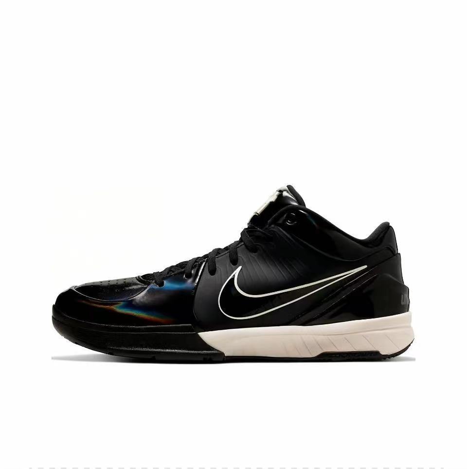 Black Kobe 4 basketball sneaker with a white side mark and light-colored midsole.