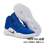 Blue Nike Hyperdunk high-top shoe with white sole and black Swoosh, shown beside its patterned outsole; image text gives style code 8066-10 and size range 40-46.