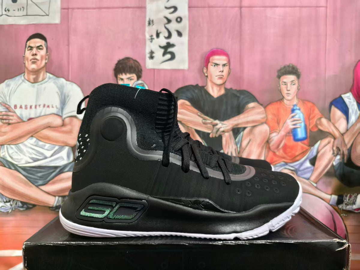 Black Under Armour high-top basketball shoe with gray accents and white outsole, shown from the side.