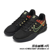 Black Sabrina 3 basketball shoes with orange patterned panels and a green-edged Swoosh; caption gives style code 8826-9 and sizes 36–46.