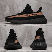 Collage showing side, front, and rear views of the black Yeezy 350 V2-style sneaker with a peach-toned stripe.