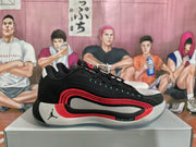 Side view of a black and red Jordan basketball sneaker displayed on a shoebox, showing the Jumpman logo, layered side design, and Cushlon branding.