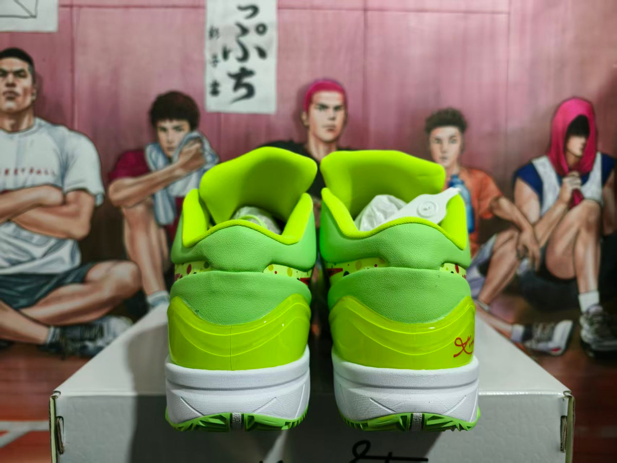 Rear view of fluorescent green Nike sneakers showing padded collars, white midsoles, green outsoles, and signature-style heel details.