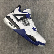 Side profile of a white Jordan Air Jordan 4 sneaker with black overlays, blue accents, mesh panel, and visible heel air window.