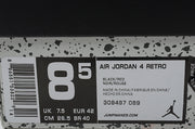 Close-up of the box label identifying Air Jordan 4 Retro, Black/Red, color code 308497 089 and EU 42.
