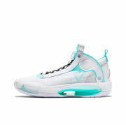 White Air Jordan 34 basketball shoe with bright turquoise trim and a turquoise midsole accent.