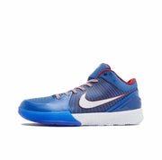 Blue Kobe 4 basketball sneaker with a white side mark and white midsole.