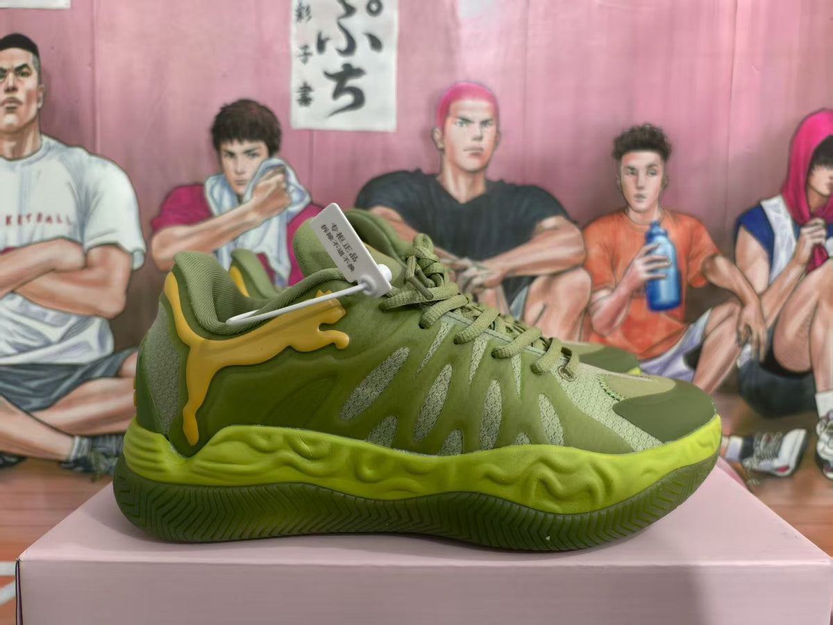 Side view of a khaki green sneaker with yellow accents, tonal laces and a textured outsole.