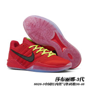 Red Sabrina 3 basketball shoes with neon yellow-green laces and translucent outsole; caption gives style code 8826-5 and sizes 36–46.