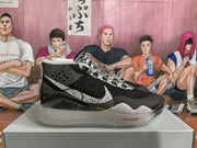 Side view of a black and white Nike Zoom basketball sneaker with patterned laces, speckled midsole, and translucent outsole.