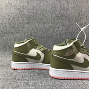 Rear three-quarter view of the pair showing olive heel panels and pink outsole edges.