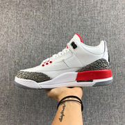 Opposite side view of the white and red Air Jordan 3 sneaker