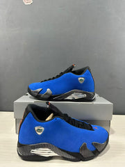 Pair of blue and black Jordan Air Jordan 14 Retro sneakers photographed from side and three-quarter angles.