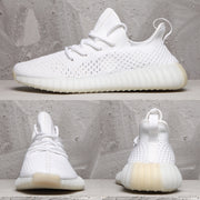 Collage showing side, front, and rear views of the white sneaker.