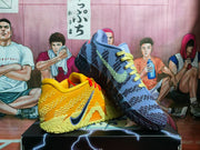 Yellow and blue basketball sneakers displayed together, showing the textured uppers, contrasting laces, Swoosh branding, and rugged outsole details.