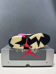 Outsole view showing black and translucent sections with a red Jordan graphic.