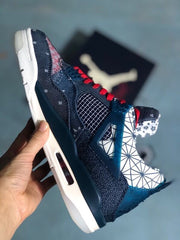Side profile showing the navy upper, white geometric patterned panels, blue support accents, and white midsole.