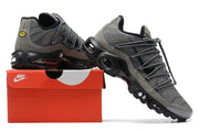 Pair of grey and black Nike Air Max Plus sneakers displayed on a red shoe box.