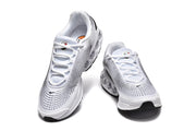 White Nike Air Max DN sneakers shown from front and top angles.