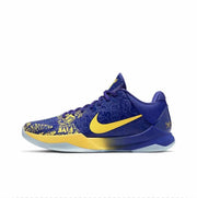 Royal blue and yellow Kobe 5 basketball sneaker with a patterned upper and contrasting outsole.