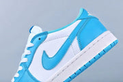 Close-up side view showing the blue Swoosh, white side panel, and white midsole.