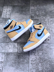 Pair of tan and light blue high-top sneakers shown from an angled top and side view.