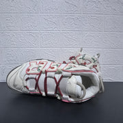 Top view of cherry-print Nike Air More Uptempo sneakers with burgundy laces