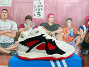 Side profile highlighting the white upper, black side overlay, red panels and red outsole.
