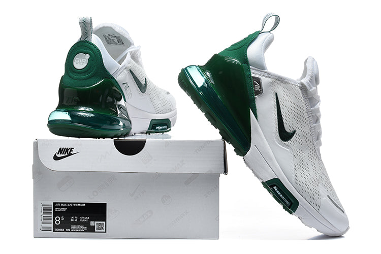 White and dark green Nike Air Max 270 sneakers shown with a Nike box; box label shows sample size 8.5.