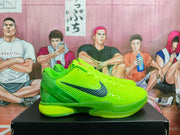 Side view of a bright green Nike basketball shoe with a dark Swoosh and textured upper.