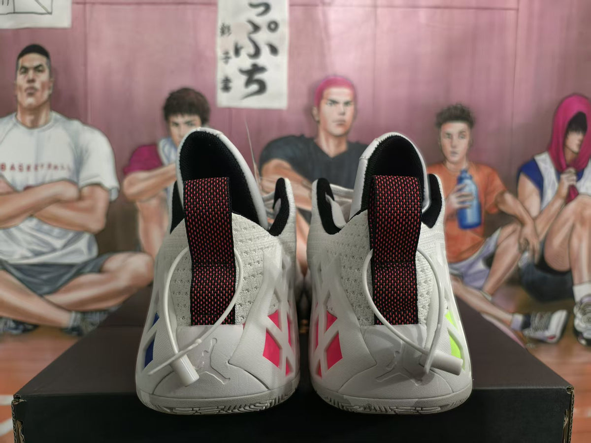 Rear view of a white Jordan sneaker pair showing black-and-red heel loops, contrasting side accents, and a basketball-themed illustrated backdrop.