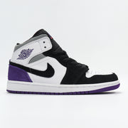 Opposite side profile showing the Jordan winged basketball logo, black laces, white panels, and purple outsole.