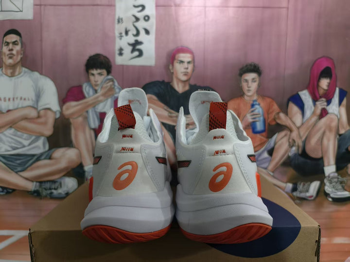 Rear view of white ASICS METARISE sneakers with orange outsole accents and ASICS heel logos.