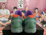Rear view of multicolor Nike Zoom sneakers showing green-gray heels, orange collars, purple lining, and signature details.
