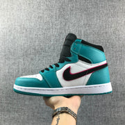 Opposite side view of the teal, white, and black high-top sneaker.