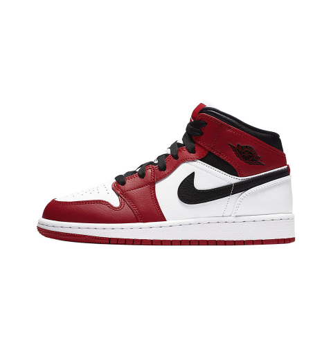 Side view of red, white and black Jordan high-top sneakers with a black Swoosh and Jordan Wings logo.