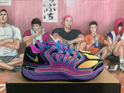 Side view of purple Nike sneakers with black panels, blue laces, yellow accents, and a colorful illustrated backdrop.