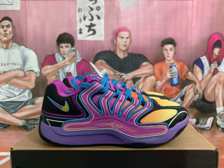 Side view of purple Nike sneakers with black panels, blue laces, yellow accents, and a colorful illustrated backdrop.