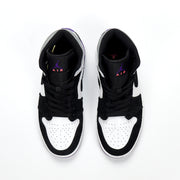 Top view of a pair of black, white, and purple high-top sneakers with black laces and Jordan branding on the tongues.