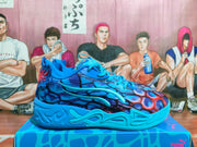 Side view highlighting the patterned upper, blue laces, and sculpted sole of the basketball sneakers.