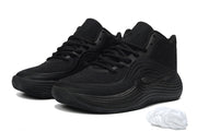Pair of all-black Nike basketball sneakers with tonal swoosh detailing and spare white laces.