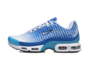 Side view of blue and white Nike Air Max Plus VII sneakers