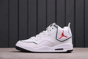 Side profile highlighting the white upper, black trim, red heel logo, and low-top shape