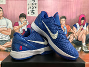 Angled view of a pair of blue basketball shoes displaying textured uppers, white Swooshes, padded collars, and blue-and-white soles.
