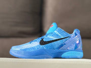 Opposite side view showing the blue shoe, black branding, and translucent heel details.