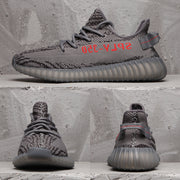 Collage showing side, front and rear views of the dark grey and black patterned sneakers.