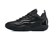 Side profile of a black sneaker with a Swoosh, patterned collar panel, and sculpted sole.